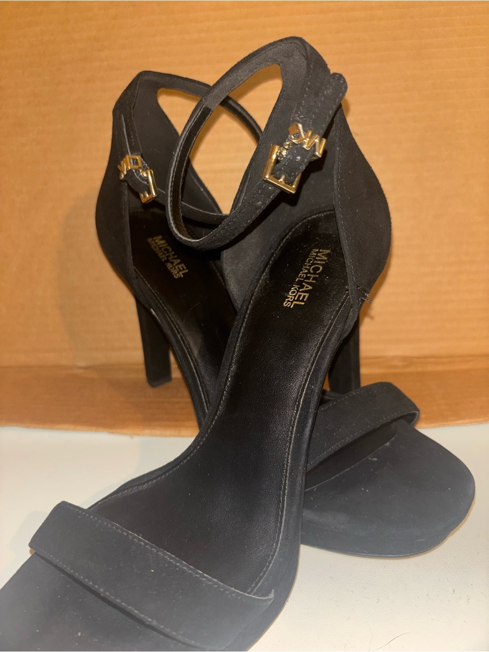 Michael Kors Black Suede Ankle-Strap Heels with Gold Buckles